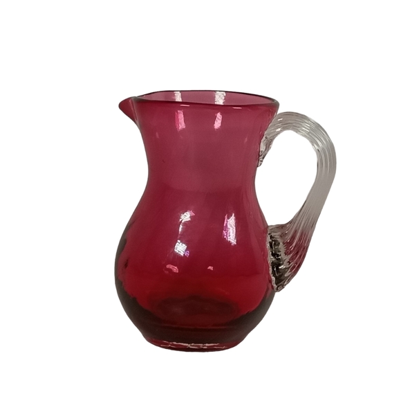 Pilgrim Cranberry Glass Small Pitcher Creamer 4" Reed Handle Vintage - Picture 5 of 11